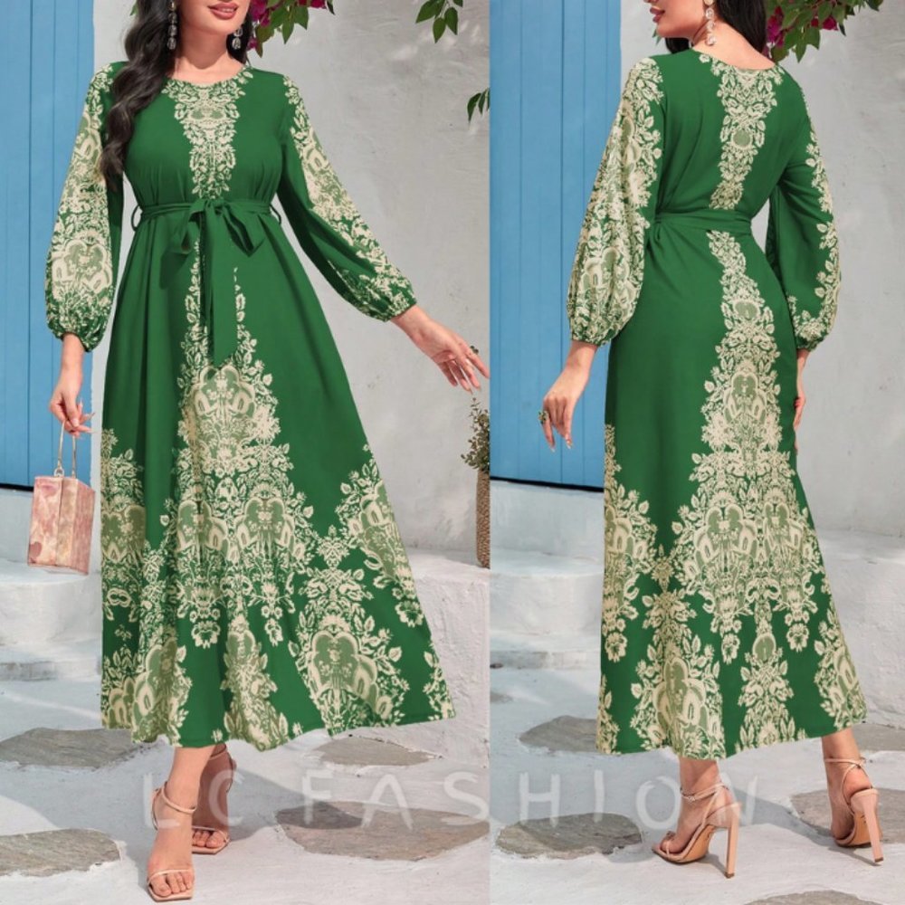 Belted Dress, Boho Floral Print Lantern Sleeve Belted Dress, Summer Dress